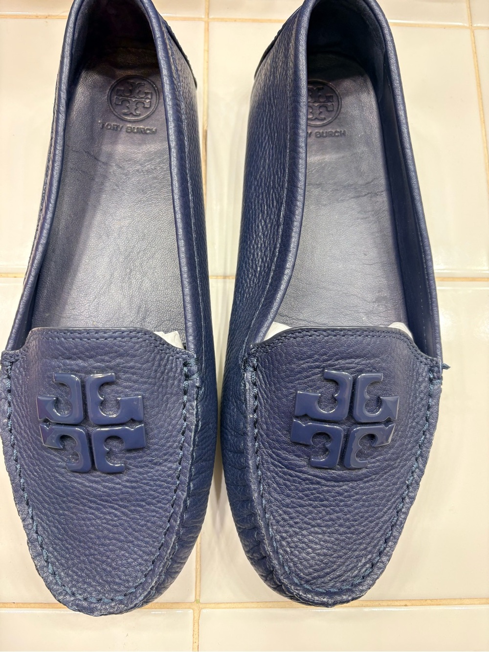 Tory Burch Navy Leather Logo Moccasins
